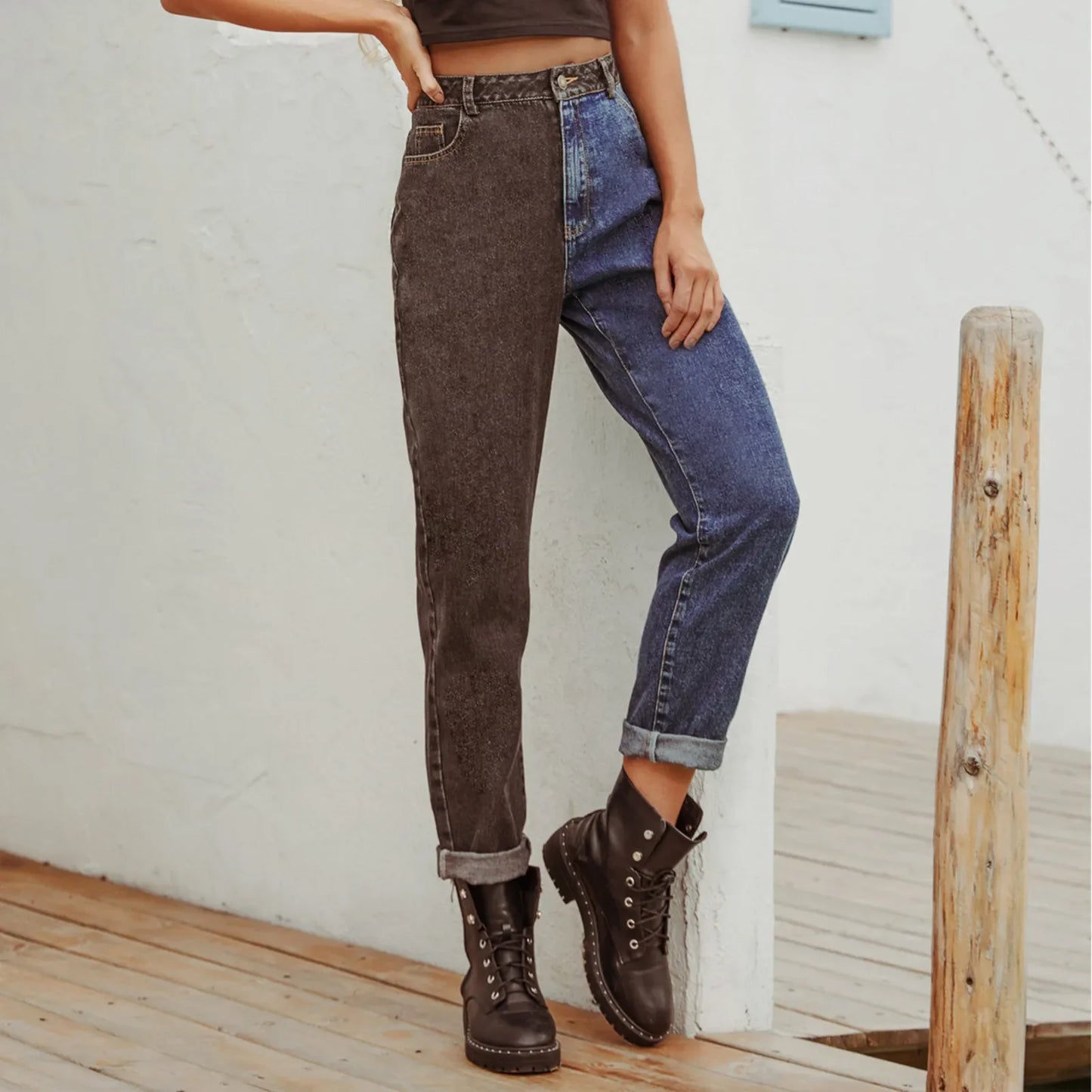 High Waist Denim Two Tone Jeans